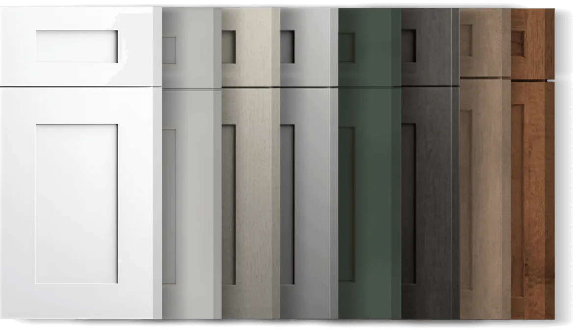 Eight cabinet doors in a row, each in a different color and wood finish.